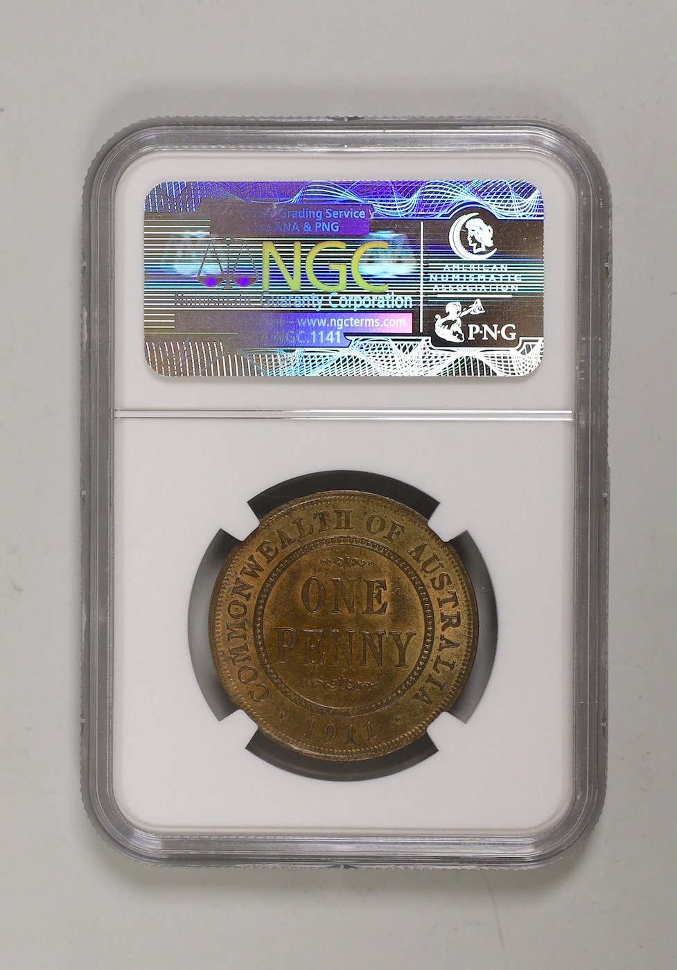 Commonwealth of Australia coins, George V one penny 1911, NGC slabbed and graded MS63 RB, scarce in this grade